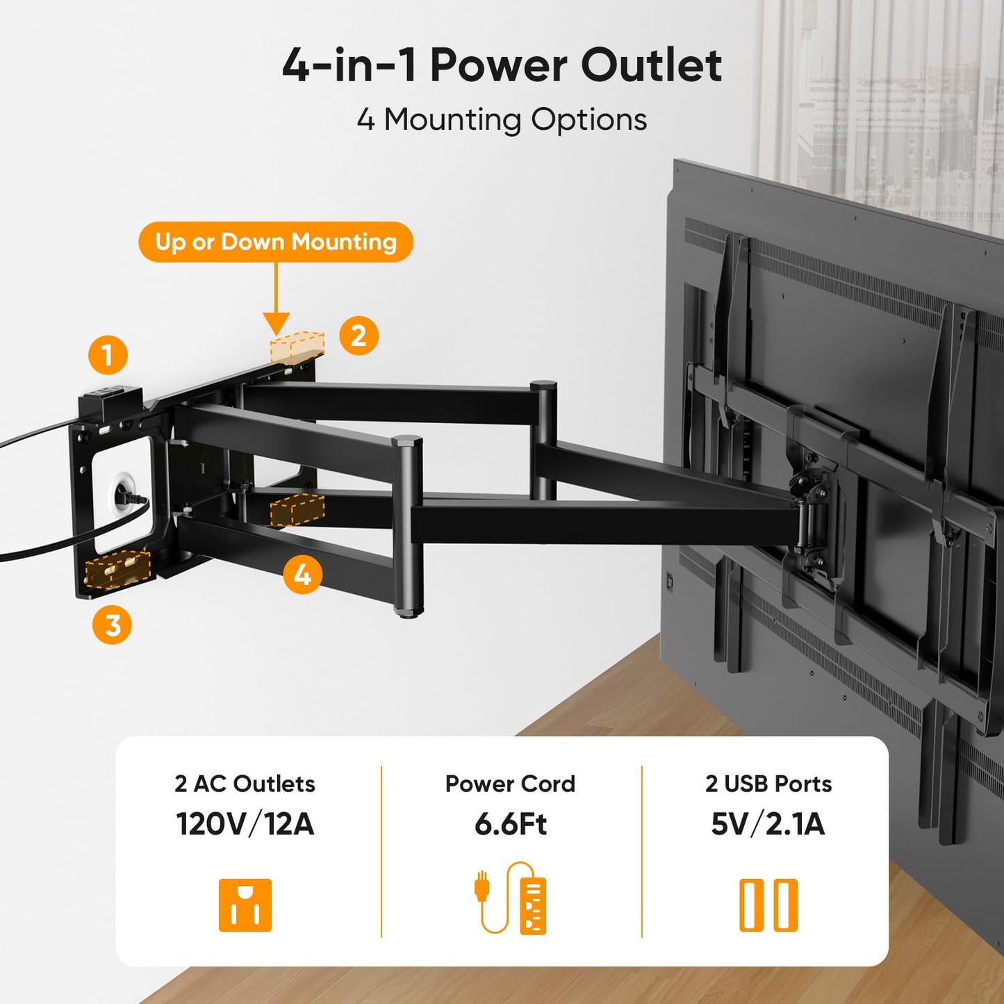 FORGING MOUNT Long Arm TV Wall Mount with 42.9 inch Extension and Power Strip for 60–110 Inch TVs, Heavy Duty Full Motion TV Mount,VESA 900x600mm,up to 220 lbs,Smooth Swivel, Tilt,16”-24” Wood Studs