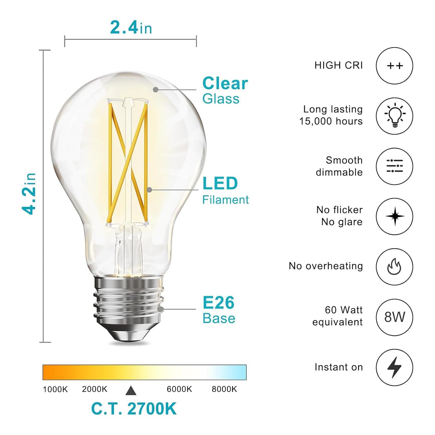 dalattin 12 Pack A19 Vintage LED Edison Bulbs, Dimmable, 60W Equivalent, High Brightness 2700K Soft White, 8W E26 Standard Base, 800 Lumens, CRI80+, Clear Glass Filament Bulb for Home