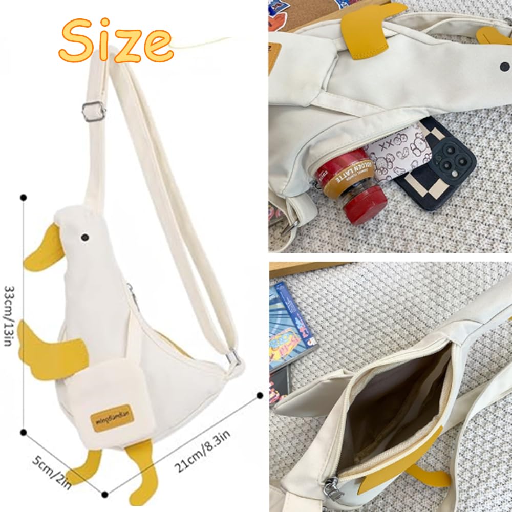 Cute Duck Purse Canvas Messenger Bag Cartoon Chest Wallet Novelty Bag Unisex Funny Shoulder Bag for Girls Women Daily Use ﻿ (White)