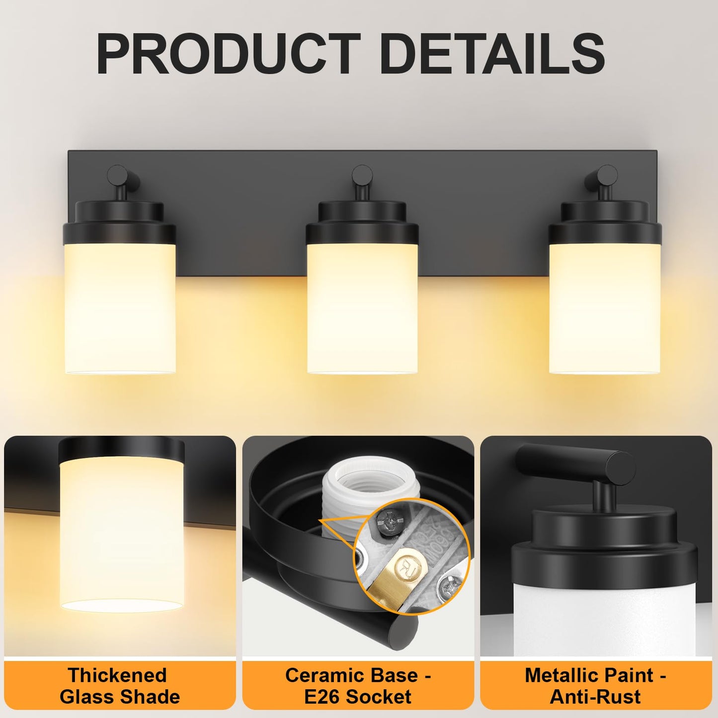 Izorro Bathroom Vanity Light Fixture  3-Light 22 Inch Matte Black Bathroom Light Fixtures Over Mirror  With White Glass Shade  Modern Farmhouse Vanity Lights  Rustic Restroom Lighting Fixtures