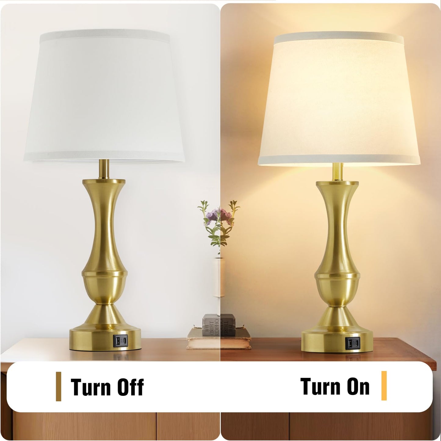 Luvkczc 22in Gold Table Lamps Set of 2 - Modern Bedside Lamps with White Shade, 3-Way Dimmable, Dual USB Ports, Model 73008K