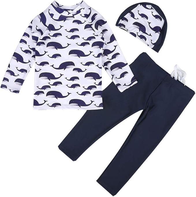 Digirlsor Kids Boys Two Piece Rash Guard Swimsuit Bathing Suit Long Sleeve Sunsuit Swimwear Set with Cap 2-10 Years