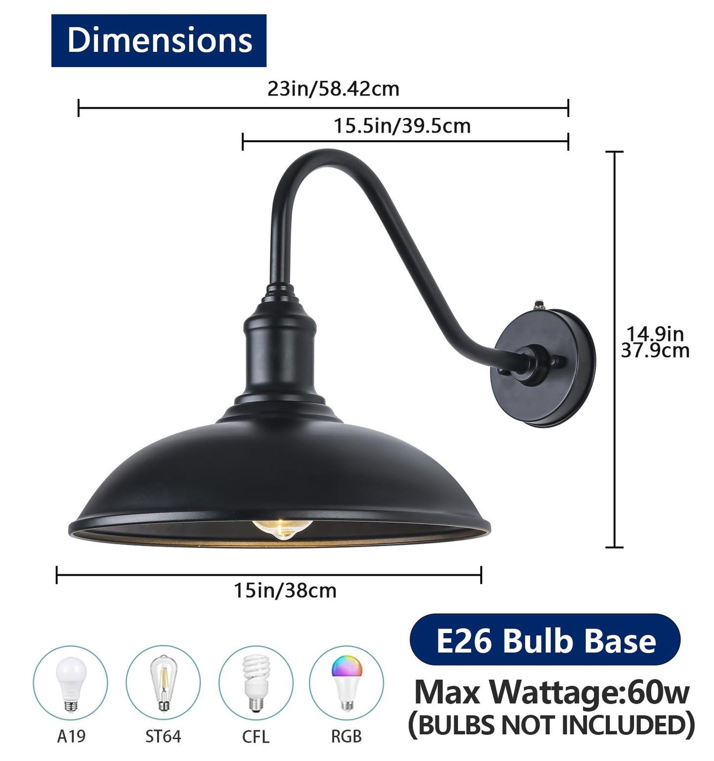 Ytzlvw 15 Inch Large Black Outdoor Gooseneck Barn Lights  From Dusk To Dawn Farmhouse Barn Lights  Galvanized + discomfort-reducingted Classic Look  Suitable For Porch  Garage  Outdoor Lighting.