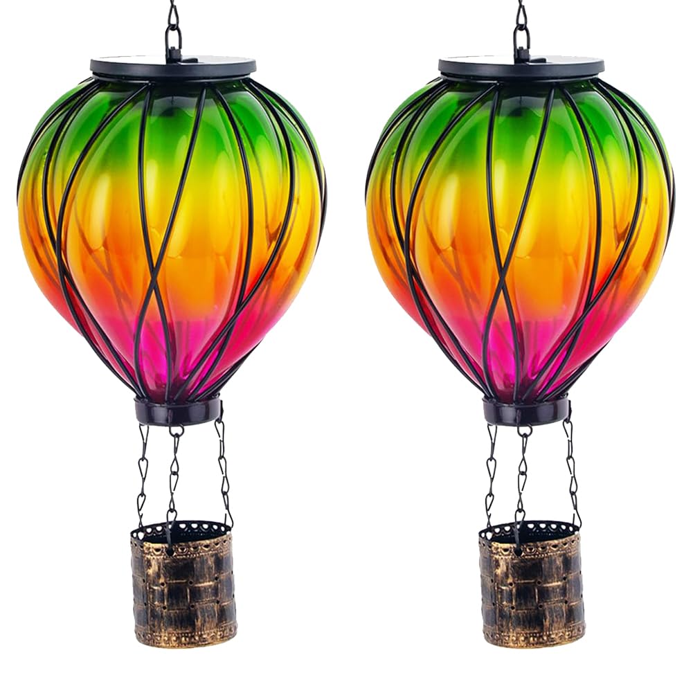 YELENEW 2PCS Colorful Solar Hot Air Balloon Lanterns with Flickering Flame LED Glass Hot Air Balloon Solar Lanterns Outdoor Wate