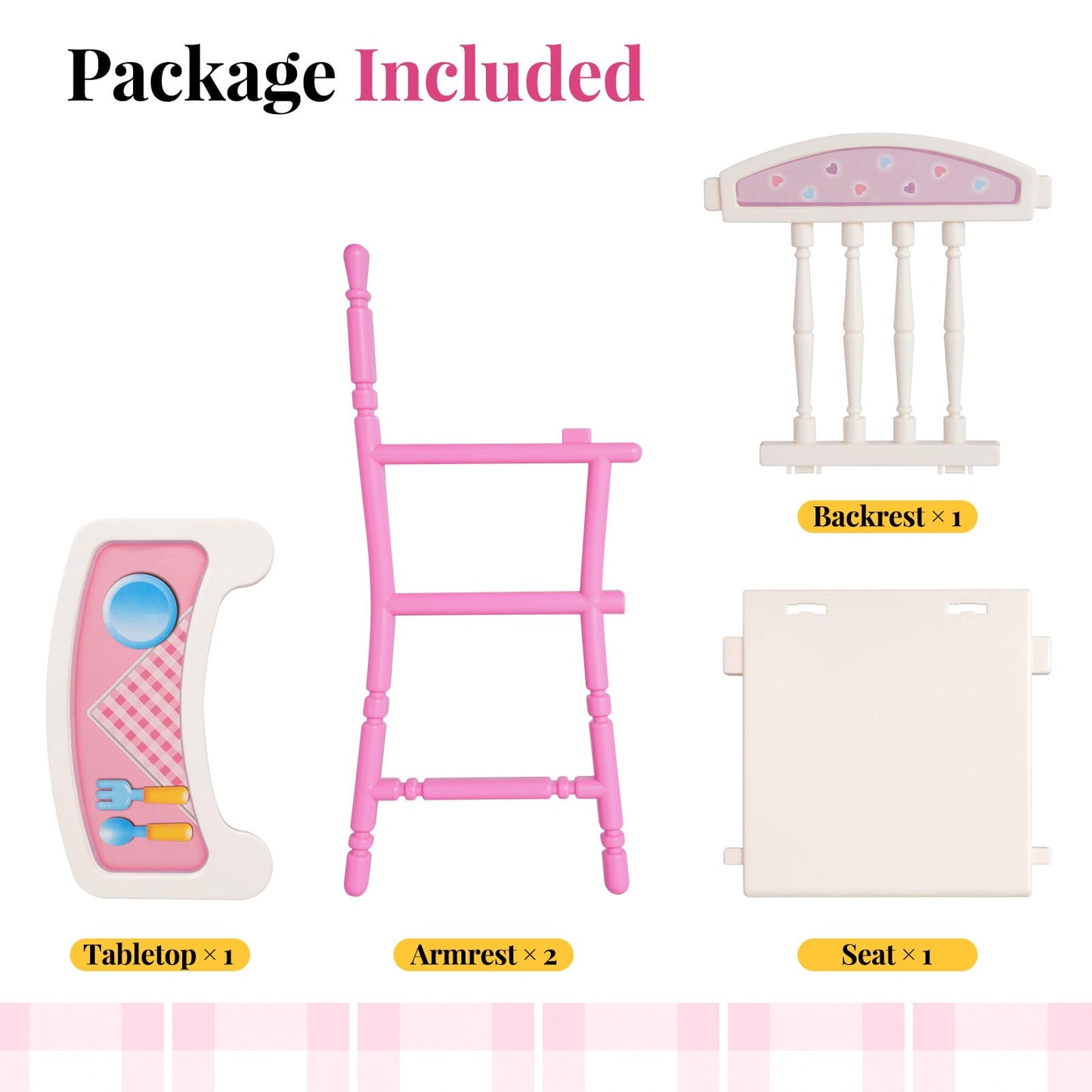 BABESIDE Baby Doll High Chair Toy Dining Chair for 10-12 Inch Dolls, Pretend Play Baby Doll Toy High Chair