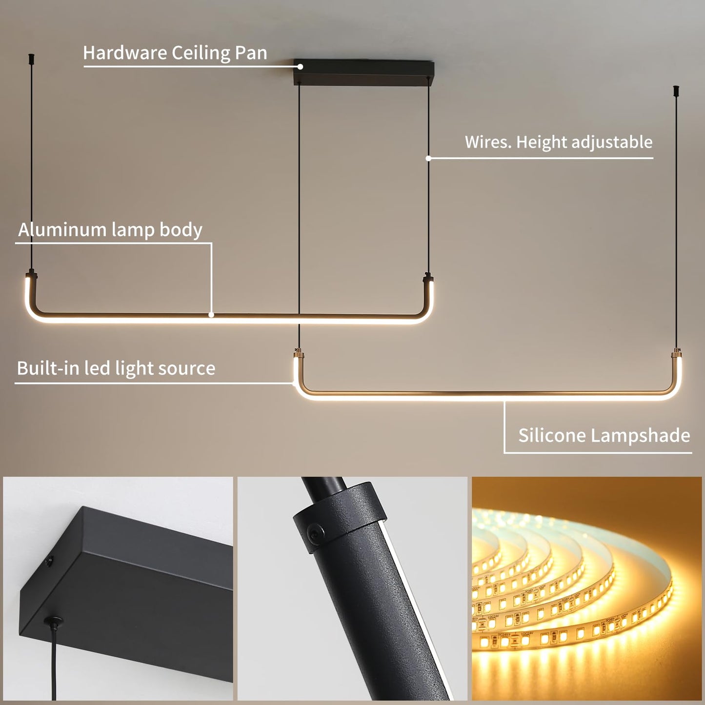 Mikeru 2-Light LED Chandelier, 70in Aluminum Pendant Light, Remote Control, 3000K-6500K Adjustable Color, H-Black, Model TC-MX36