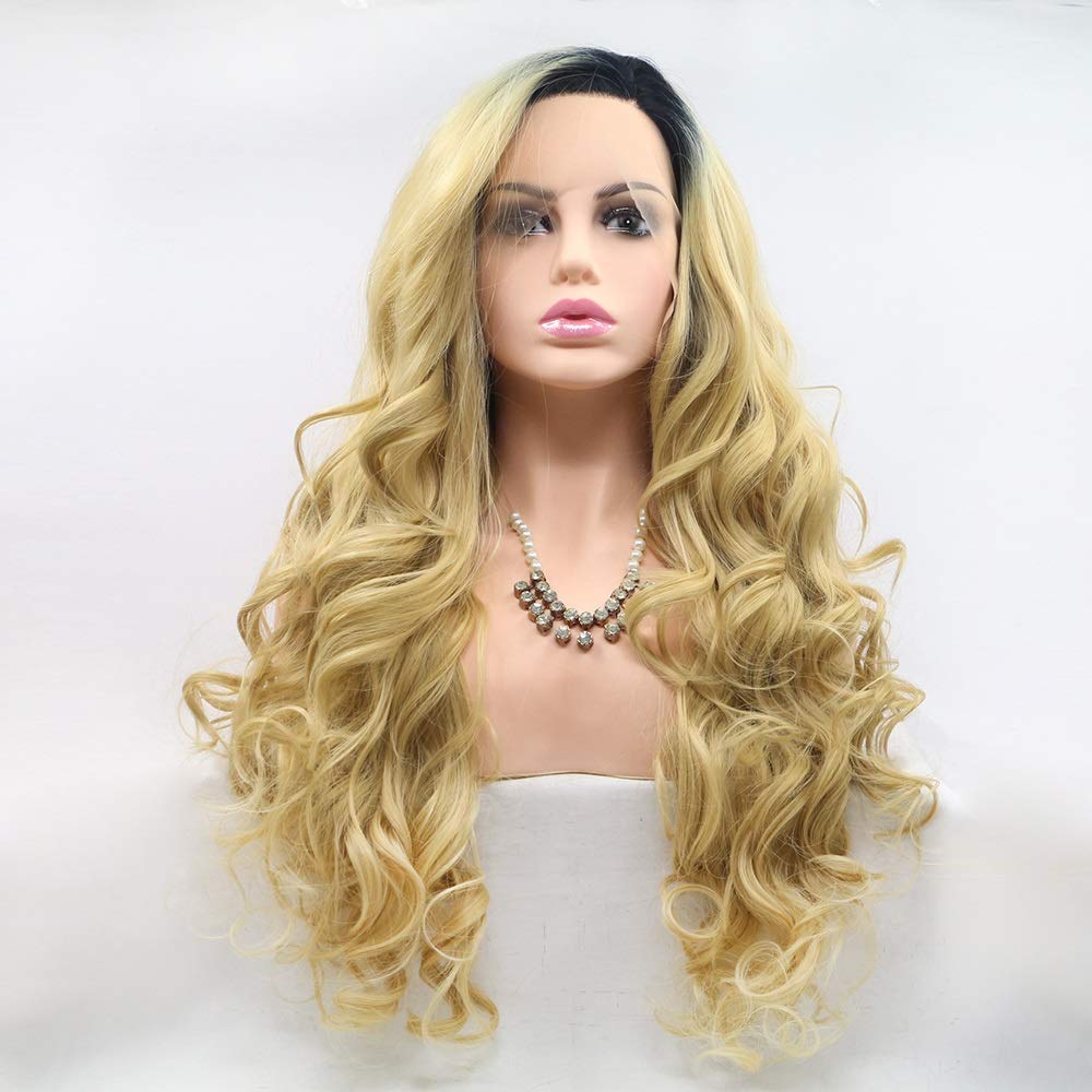 Qingbaotong Wigs Black-Yellow Gradient Long Hair Curly Hair Wig Ladies Handmade Lace European and Wig Set in The Wig Hair Sets