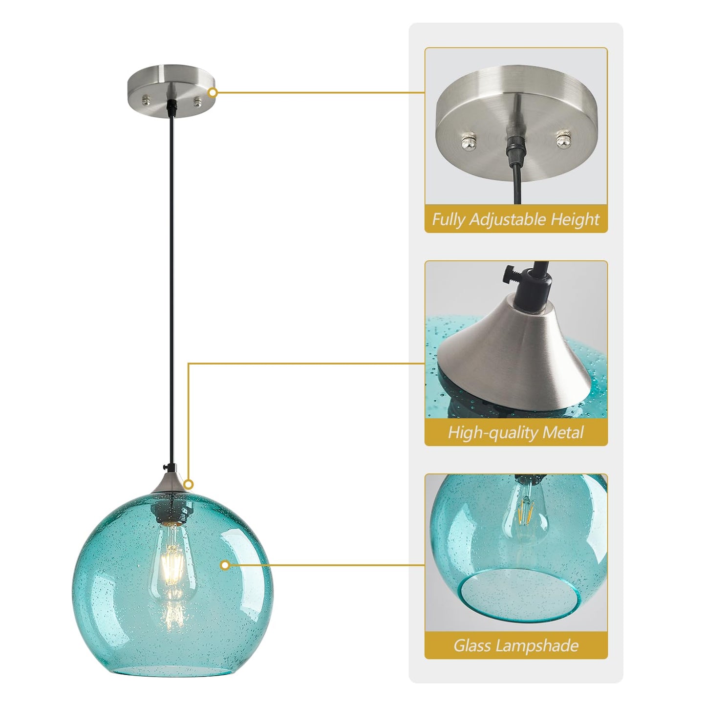 Lbsqj Light Blue Glass Pendant Lights Kitchen Island Globe Pendant Light Fixtures Modern Pendant Lighting For Bedroom Living Dining Room Light Fixture (9.84 In  3 Pack)