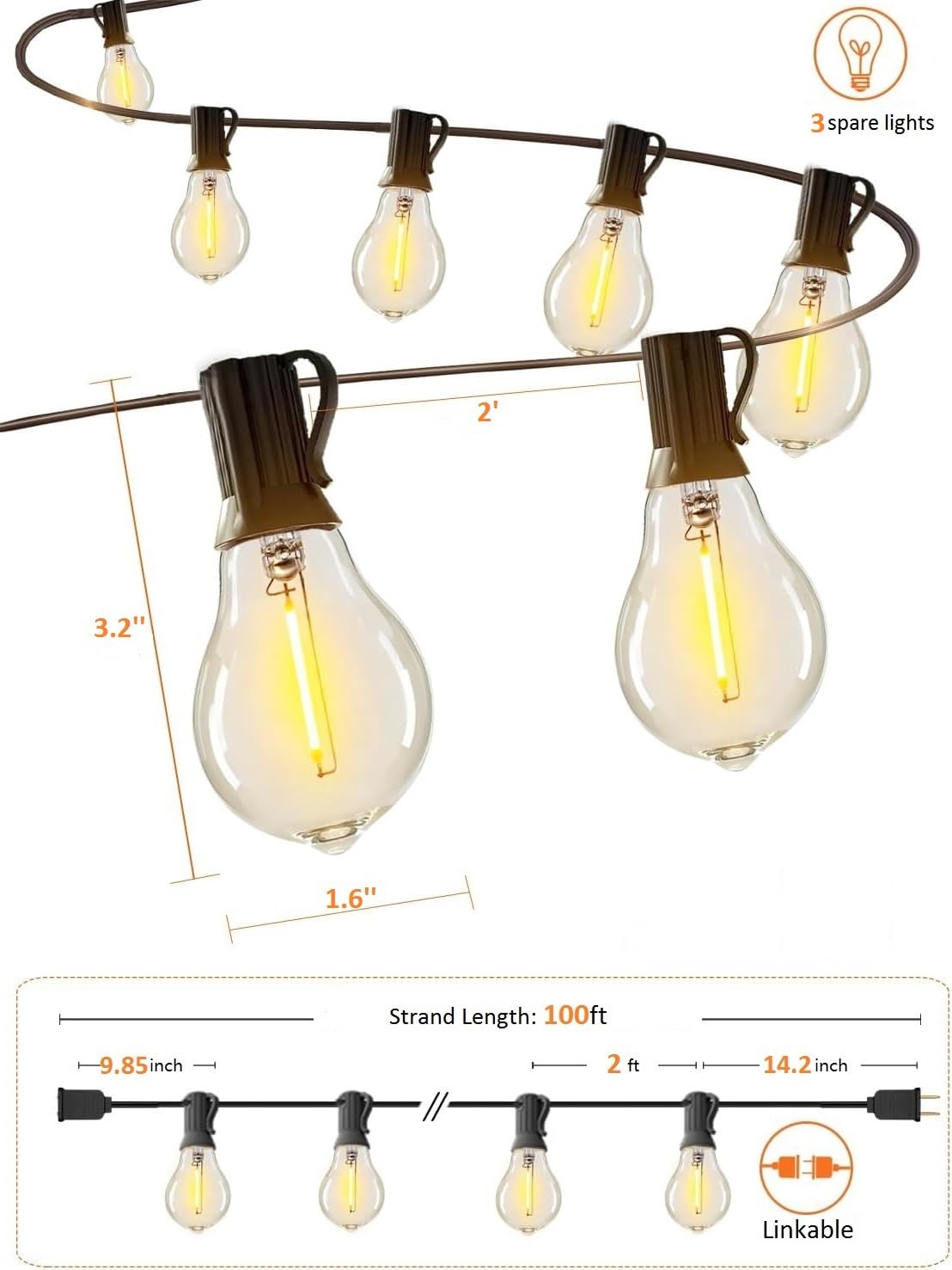 Meidaoduo Outdoor String Lights 100 ft, 50+3 A39 Shatterproof Warm Lights, Copper, 2200K, Model US10050-TX20B0-A39