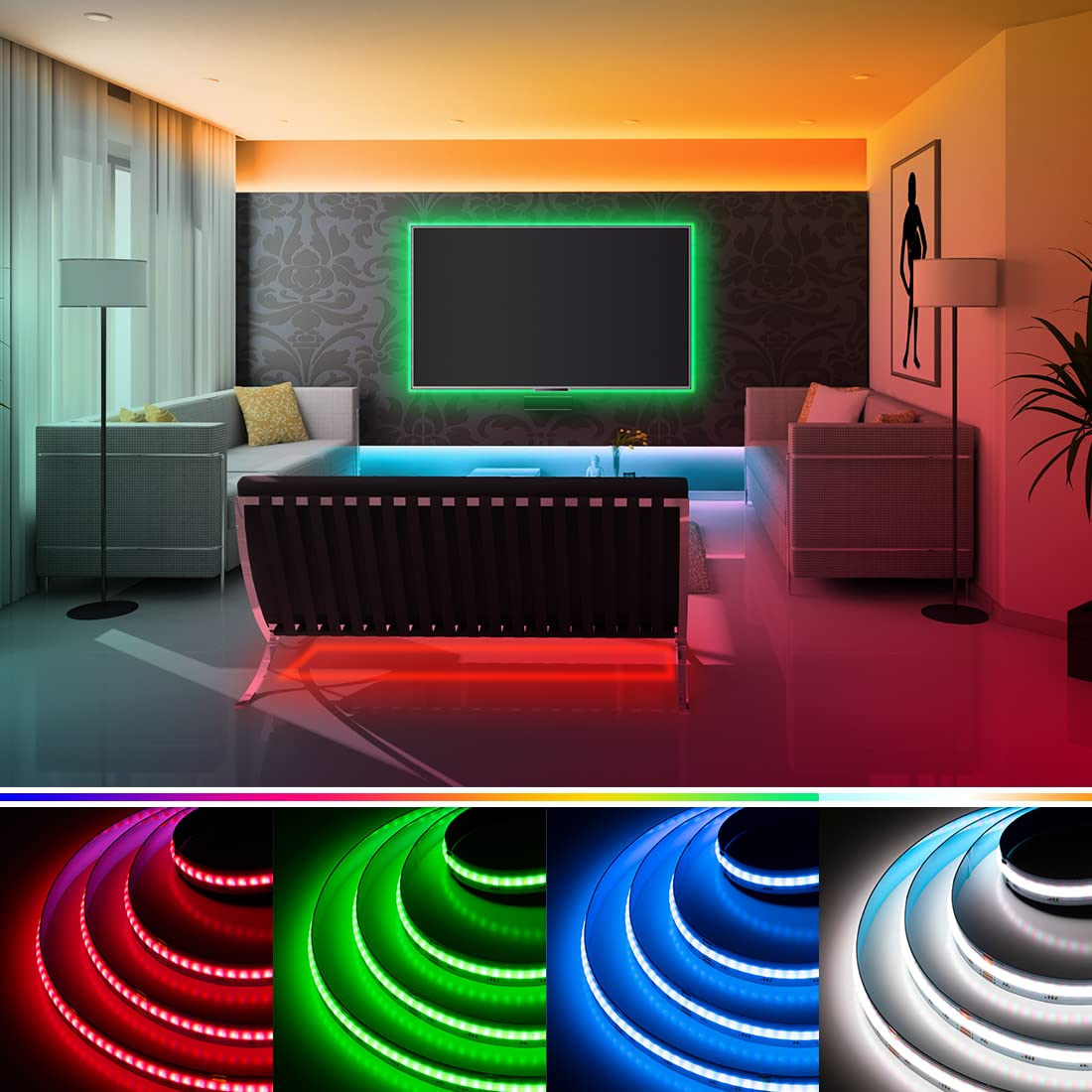 Btf-Lighting Fcob Cob Led Strip 9.8Ft Dc24V Rgbw 4000K High Density, Flexible, 12Mm Width For Indoor Home Decoration