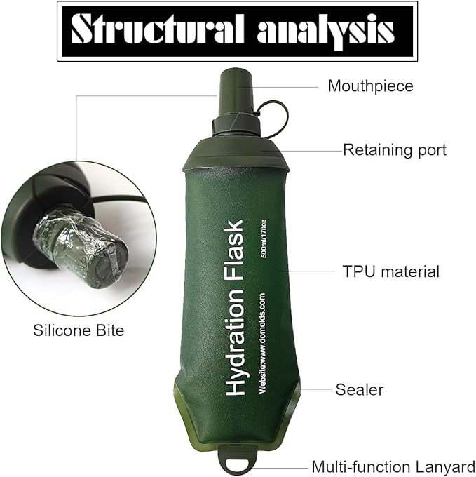 Green Soft Flask, TPU Foldable Running Hydration Flask, for Hydration Packs/Running Vests-Running, Hiking, Cycling Folding Bottle-5 oz (150 ml)