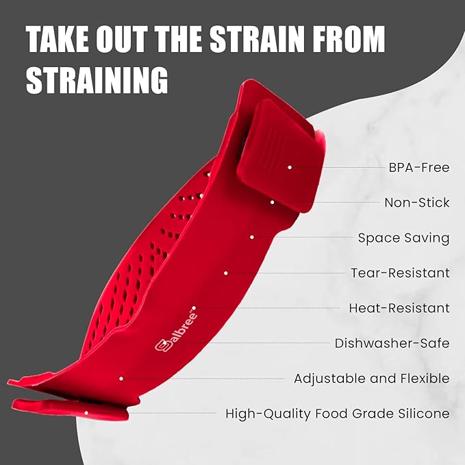 Clip On Kitchen Food Strainer for Spaghetti, Meat, Pasta, & Ground Beef Grease, Colander & Sieve Snaps or Clips Onto Bowls, Pots & Pans Includes Silicone Drainer, Brush & Garlic Peeler (Dk Red)