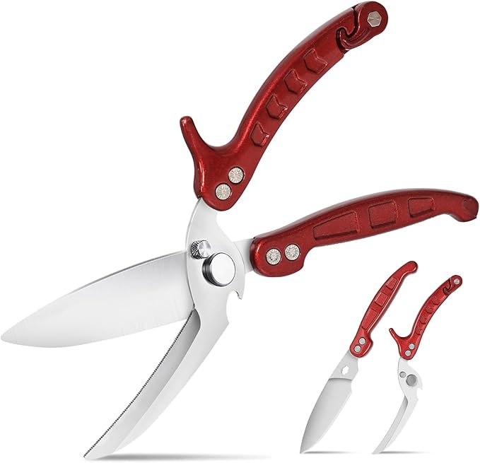 Heavy Duty Kitchen Shears, Detachable Poultry Shears with Serrated Edge, Spring-Loaded Stainless Steel Chef Scissors Cutting Bone, Chicken, Fish, Food, Meat, Burgundy Full Steel Handle