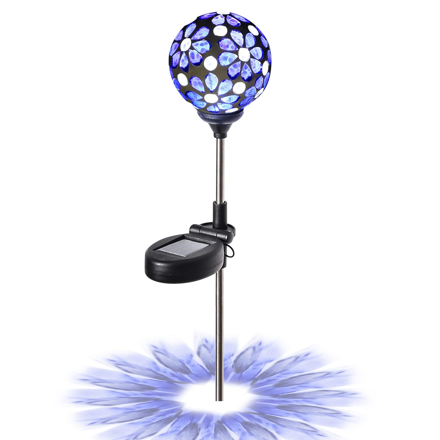 WNP Blue Outdoor Mosaic Solar Light Stake - Waterproof Glass Flower Petal Ball Decor for Garden, Yard, Path