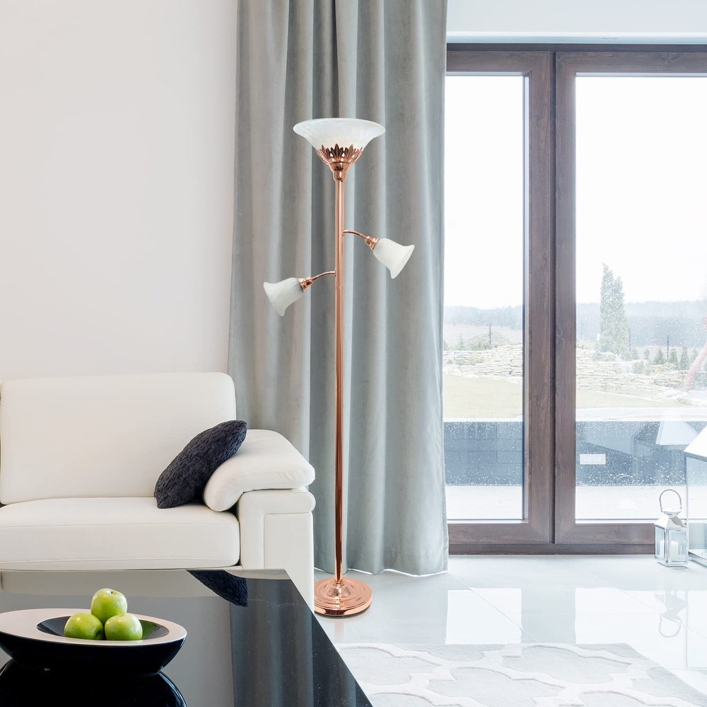 LALIA HOME Torchiere Floor Lamp with 2 Reading Lights, Metal, Rose Gold/White Shades, Model LHF-3002-RG