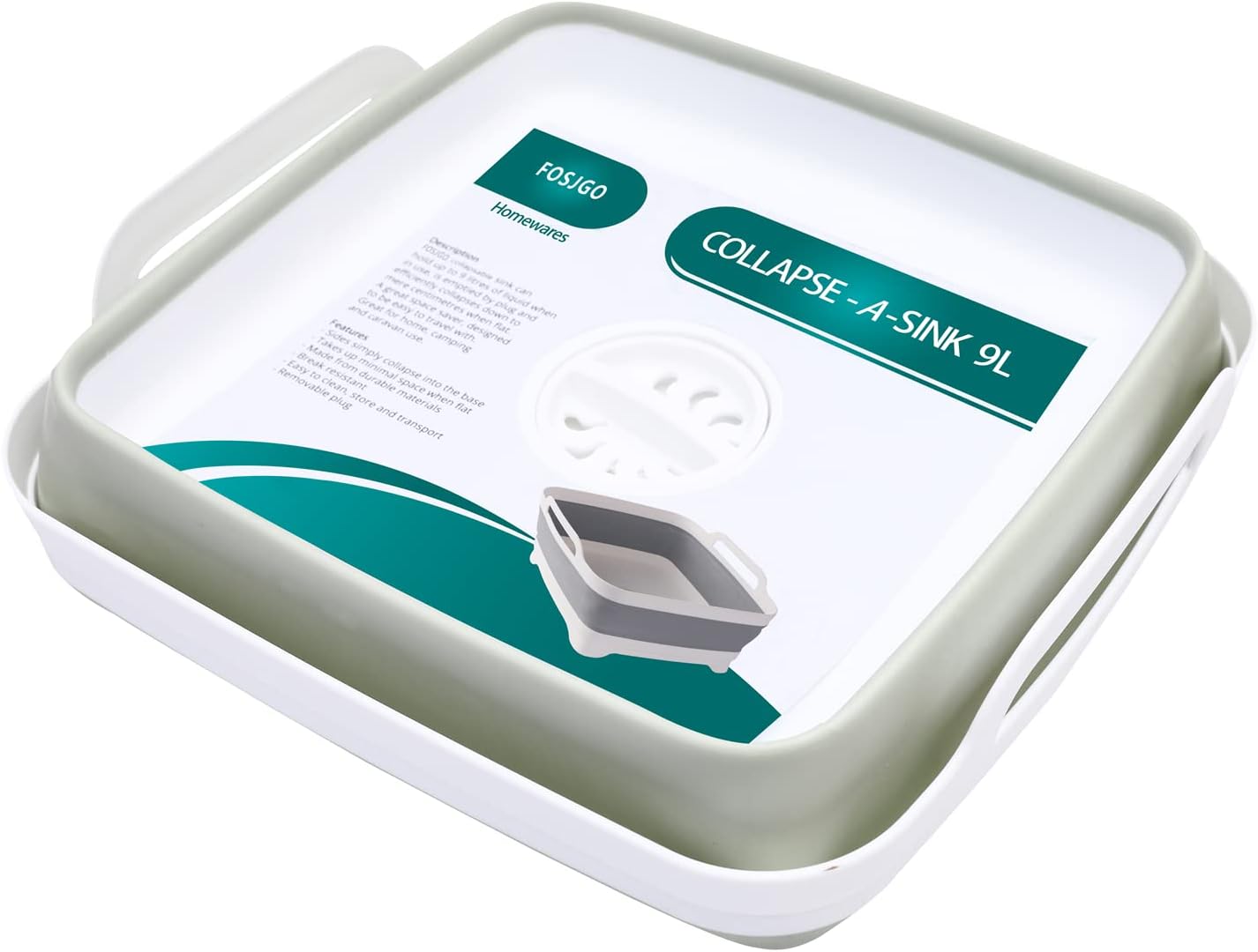 Collapsible Dish Basin with Drain Plug and Carry Handles - 9L Capacity, Portable Sink Tub for Camping and RV
