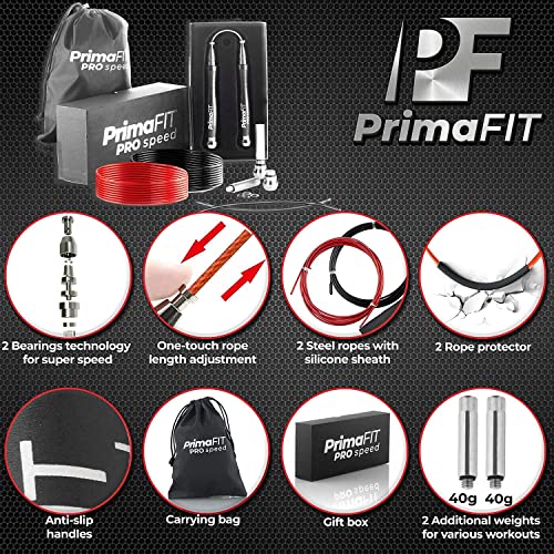 PrimaFIT Jump Rope Pro Speed Skipping Rope Adjustable Adult Jumping Rope Weighted Aluminium Handles for Double Dutch Boxin...