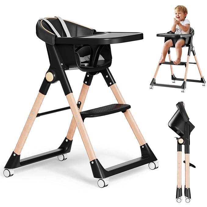 Baby High Chair, High Chairs for Babies and Toddlers, Convertible Folding High Chair with Removable Tray 5 Point Harness Footrest Detachable PU Cushion, Portable Highchair for Baby Toddlers