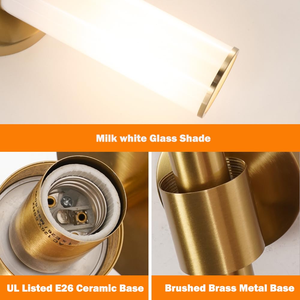 Gold Bathroom Wall Sconces Set Of 2  Brass Wall Sconce With Mikly White Glass Shade  Modern Sconces Wall Lighting  Vanity Light Fixtures  Wall Lights For Mirror Living Room Bedroom Hallway Stairs