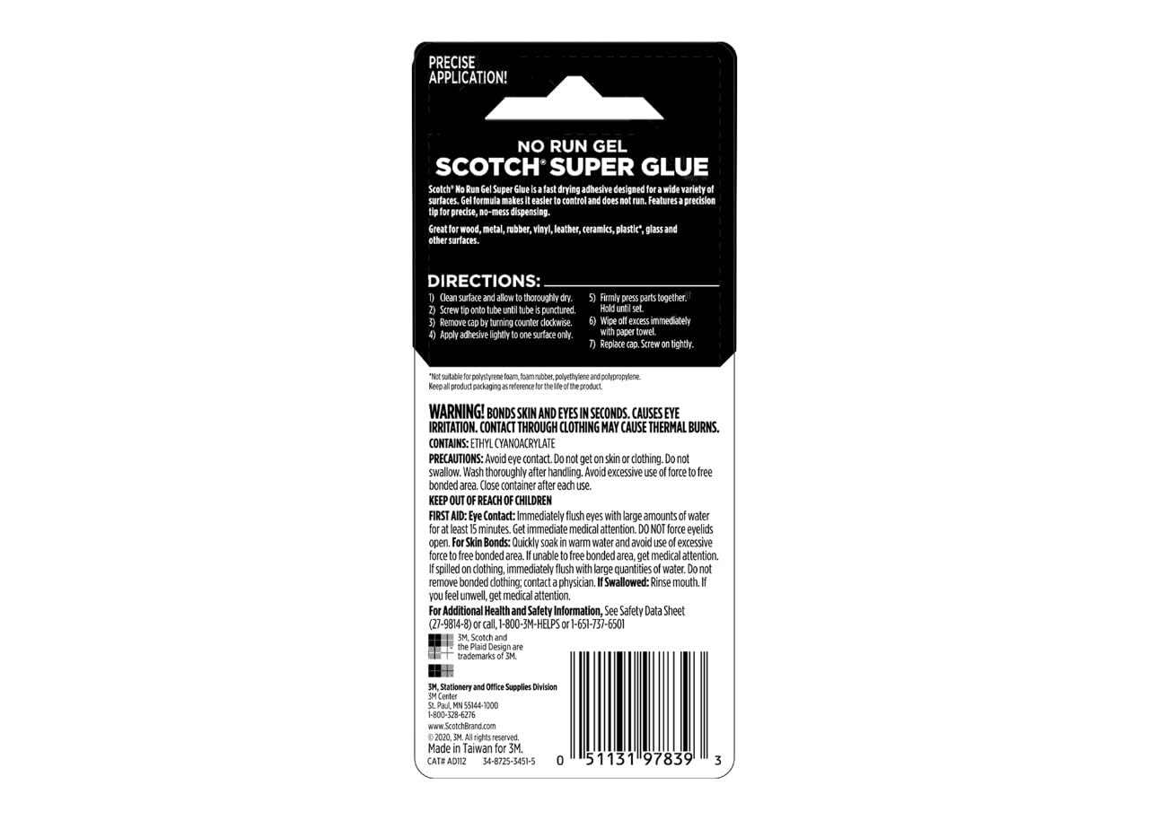 Scotch Super Glue Gel, .07 oz, 2-Pack, Dries Quickly with a Permanent Hold (AD112)