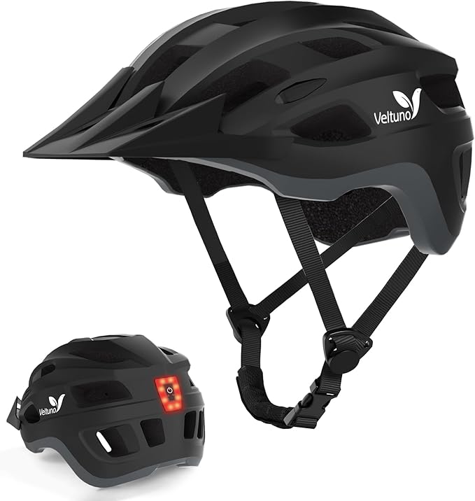Veltuno Bike Helmet for Adults, Lightweight Mountain Bicycle Helmet with USB Rechargeable LED Rear Light, Removable Sun Vi...