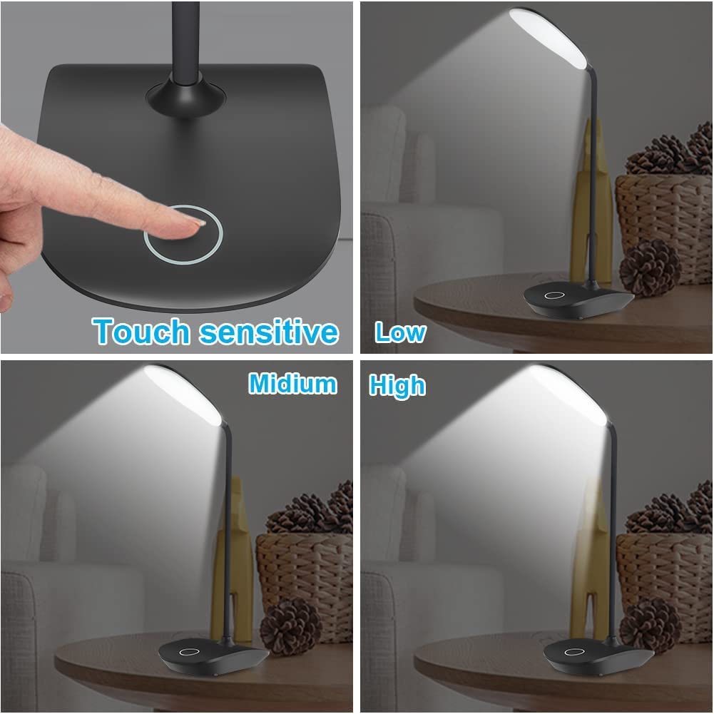 DEEPLITE LED Desk Lamp, 3 Level Brightness, Touch Control, 2 Pack, Black, Model OL-T04, Battery Operated, Flexible Gooseneck