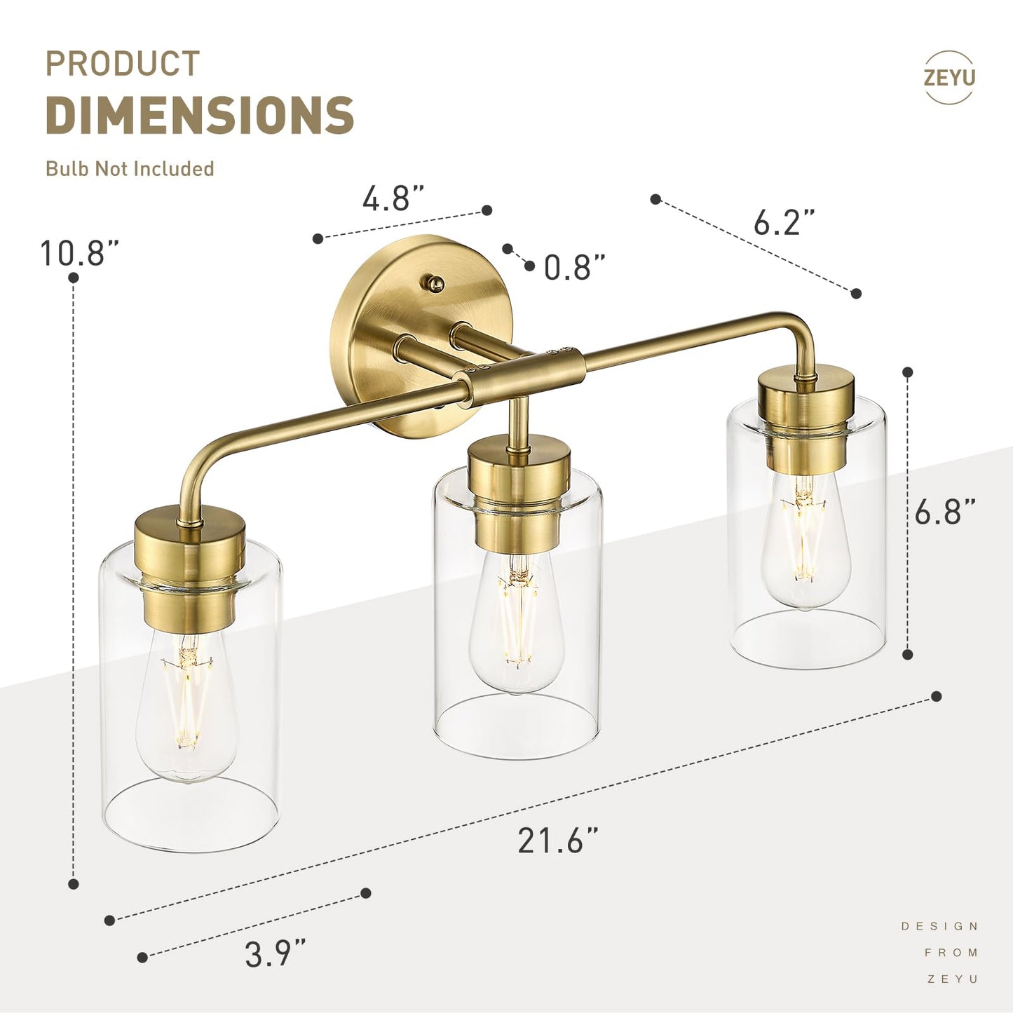 Zeyu 3-Light Vanity Lighting Fixtures  Modern Vanity Lighting Fixtures Over Mirror With Cylinder Clear Glass Shade  Brushed Gold Finish  Zs62B-3W Bg