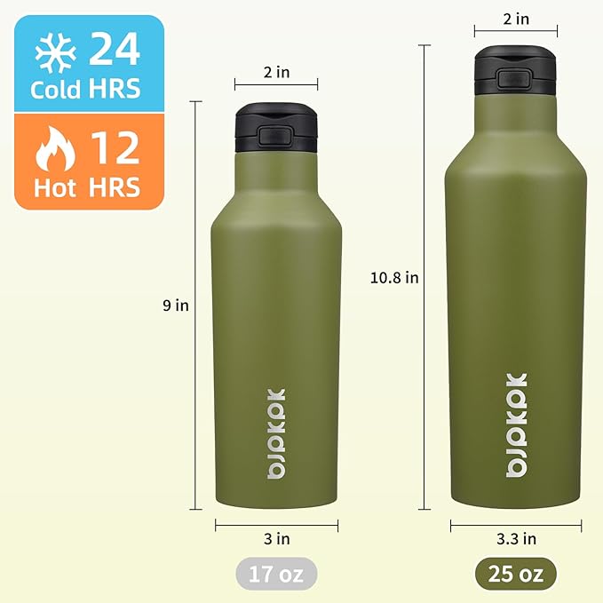 BJPKPK Insulated Water Bottle With Straw 25oz Stainless Steel Water Bottles With 2 Lids And Carry Handle Reusable Travel Metal Thermal Flask,Olive Green