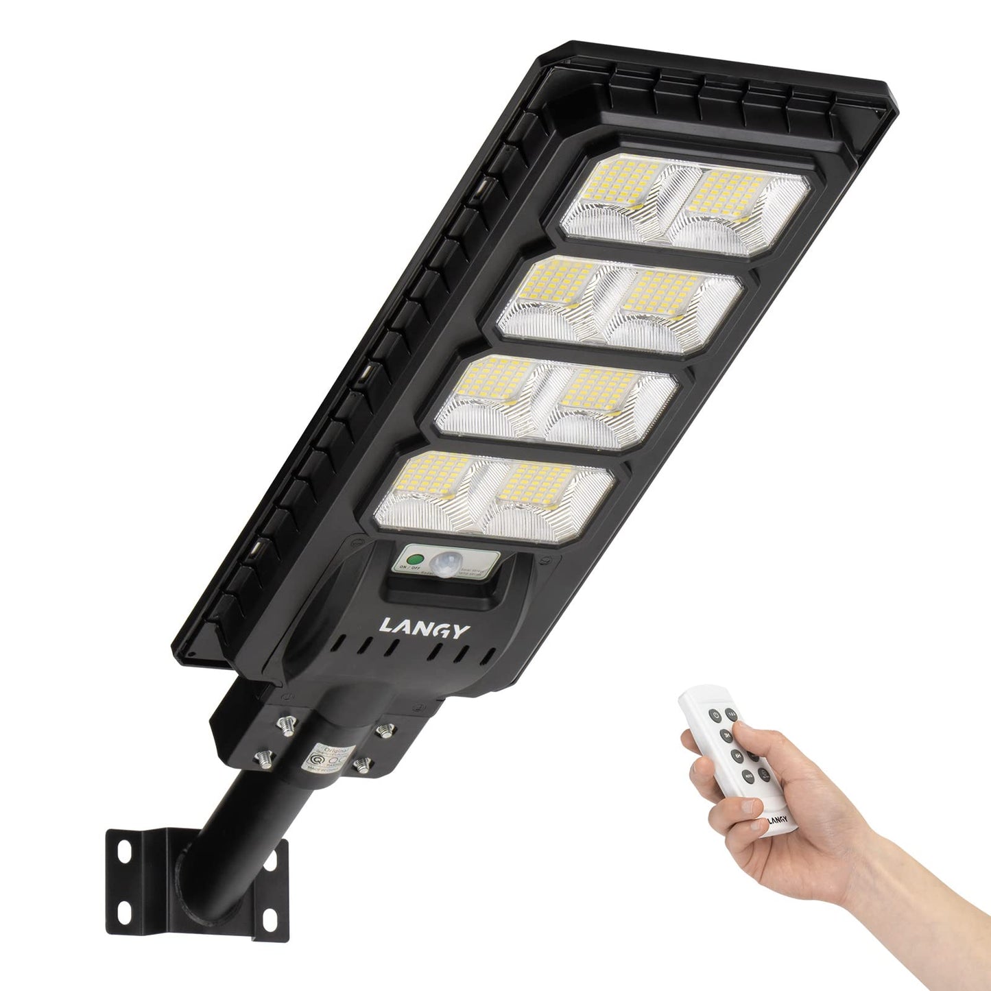 LANGY 200W LED Solar Street Light, 20000 LM, Black, ABS Plastic, Model ES03-200W, Dusk to Dawn Outdoor Security Lamp
