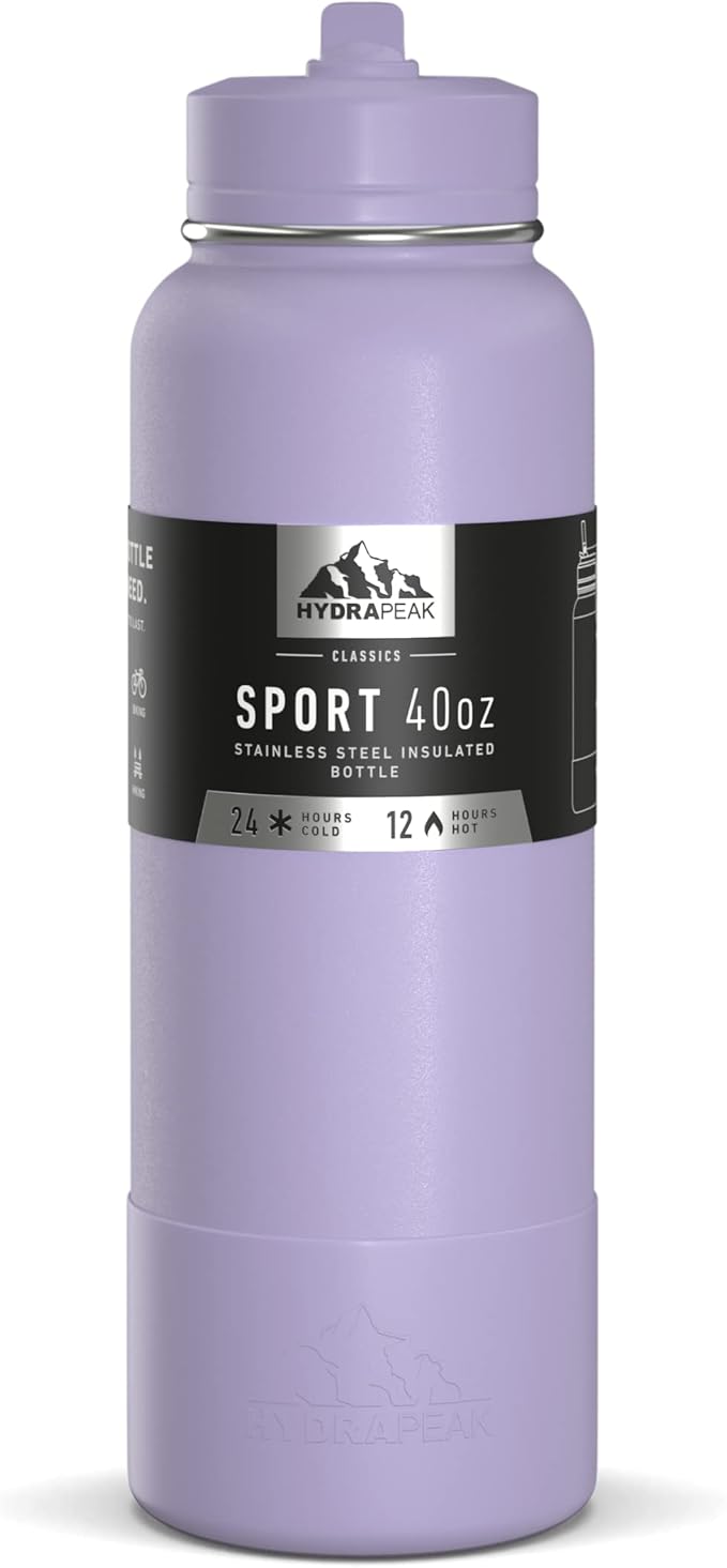 Hydrapeak 40oz Sport Insulated Water Bottle with Straw or Chug Lid, Leak & Spill Proof, Keeps Drinks Cold for 24 Hours, Hot for 12 Hours, Premium Stainless Steel Water Bottles (40oz, Orchid)
