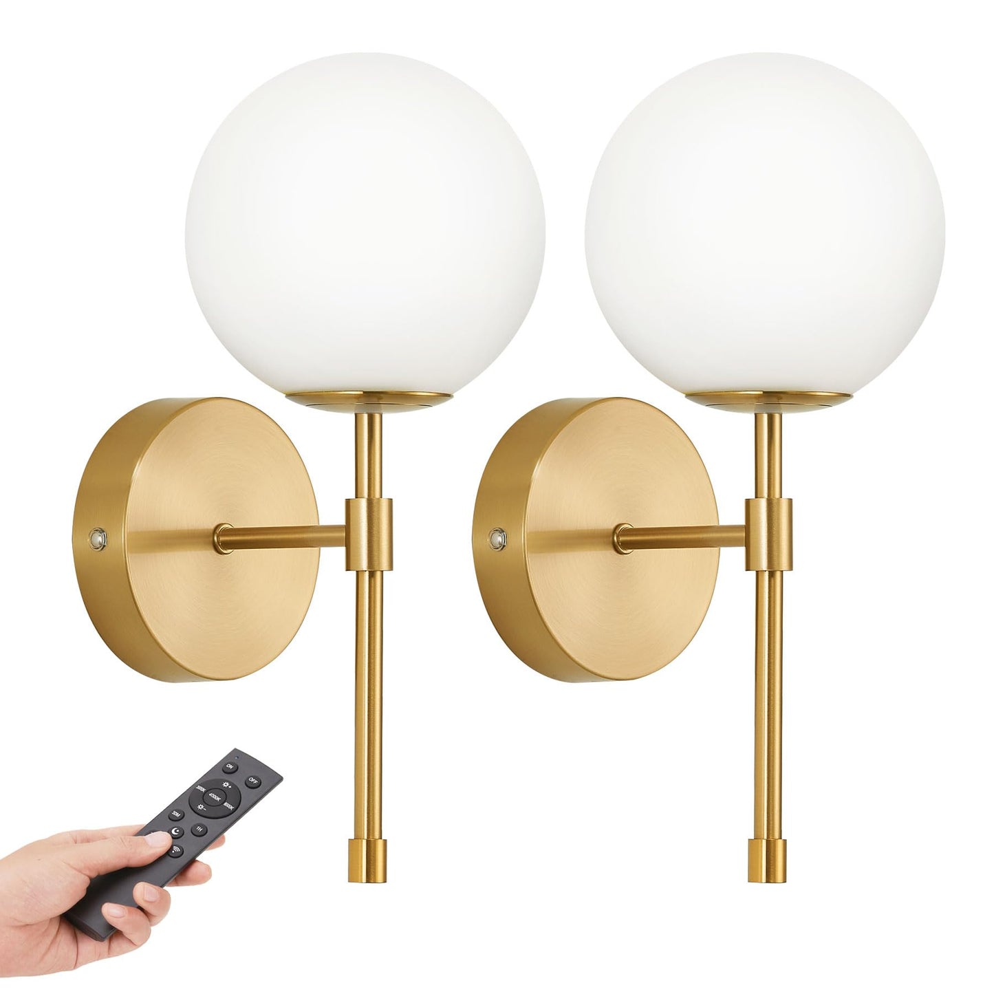 MSTETO Battery Operated Globe Wall Sconces Set of 2, Brushed Gold, Wireless, Remote Control, Rechargeable, Model MTIW-108G