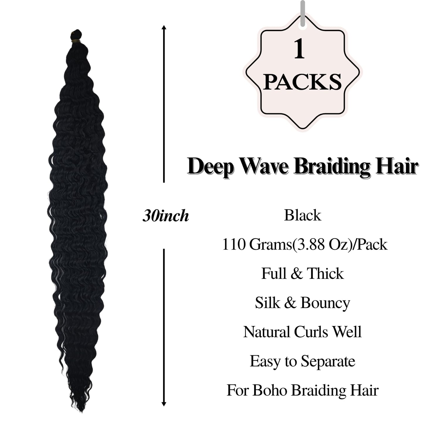 Black Boho Hair for Braiding Curly Pre stretched Braiding Hair for Boho Braids Bohemian Braids(30 inch, Packs of 5)