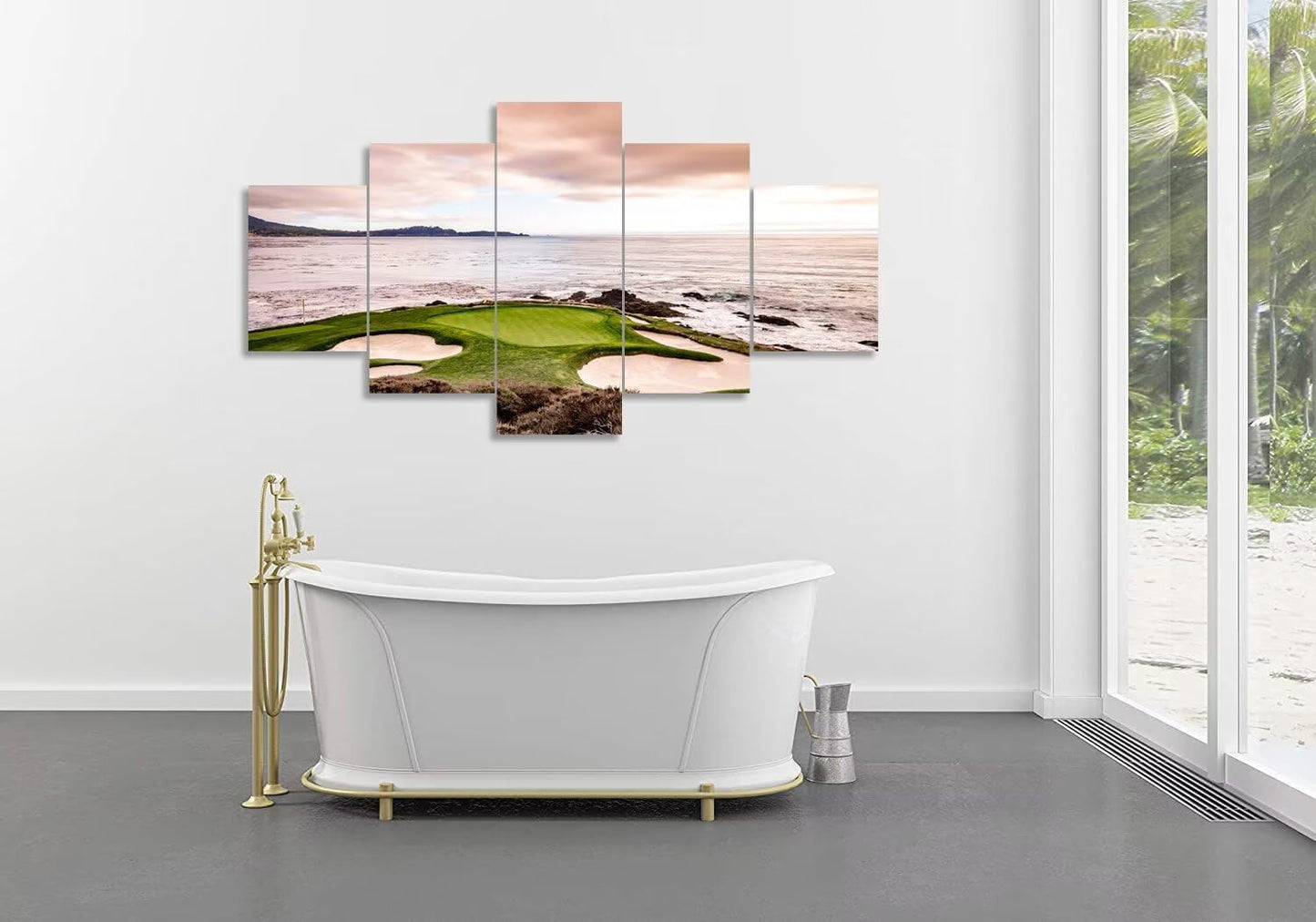 California Coastline Golf Course Wall Art Pictures USA California Golf Course Wall Decor for Living Room Bedroom Bathroom Home Decorations Canvas Prints Framed Ready to Hang(60''W x 32''H)