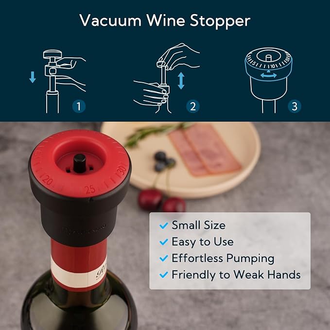 KITCHENDAO 2-in-1 Vacuum Wine Stopper, Built-in Wine Saver Pump with Date Marker, Wine Sealer Corks to Keep Fresh, Reusable Wine Preserver, Easy to Release, Set of 2