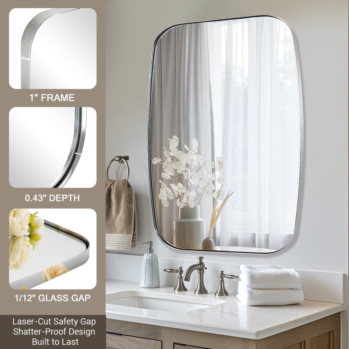 ANDY STAR Polished Chrome Mirror, 24x32 Oblong Bathroom Mirror for Vanity with Stainless Steel Metal Frame, Silver Oval Mirror Modern Anti Rust Wall Mounted