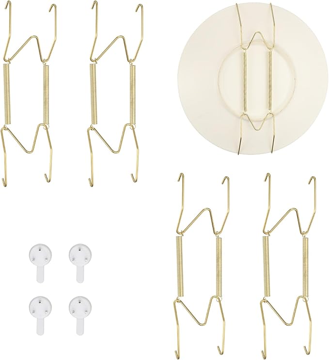 uxcell 4pcs Plate Hanger, 7 Inches Universal Stainless Steel Invisible Plate Hangers for The Wall W-Shaped Holder with Traceless Nail for Decorations, Golden