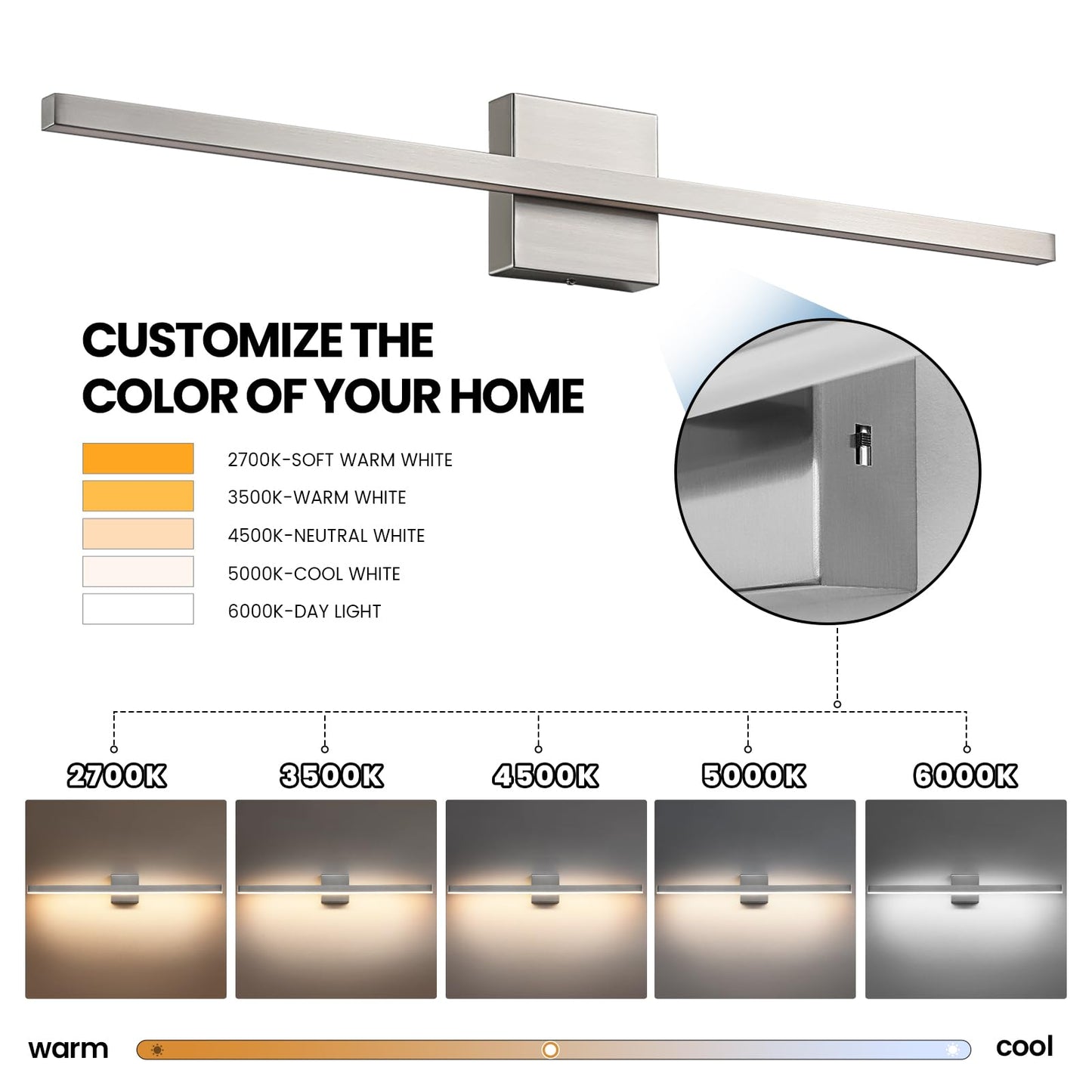 Epinl Brushed Nickel Vanity Light For Bathroom - 23.6Inch Bathroom Vanity Light Fixture Dimmable 5Cct Modern Bathrooms Sconce 18W Led Bathrooms Wall Lighting Fixture Over Mirror