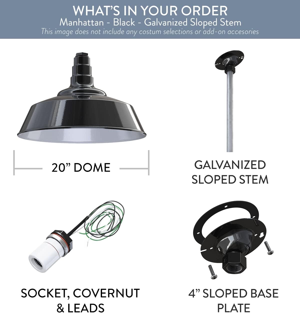 Steel Lighting Co. Manhattan Warehouse Light | Ceiling Mounted Pendant | 20 inch Dome | 12 inch Sloped Stem | Large Steel Barn Light Made in America | Black Exterior/White Interior
