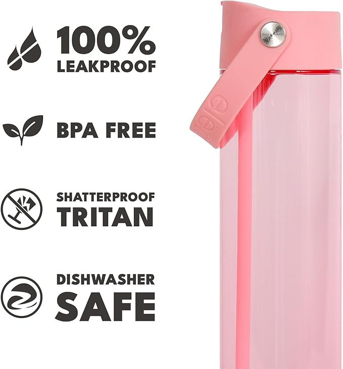 Elemental Splash Water Bottle with Straw - BPA-Free Tritan Plastic Reusable Water Bottle with Strap - Ideal for Travel, Gym and Sports - Leak Proof when Spout is Closed - 26oz - Rose