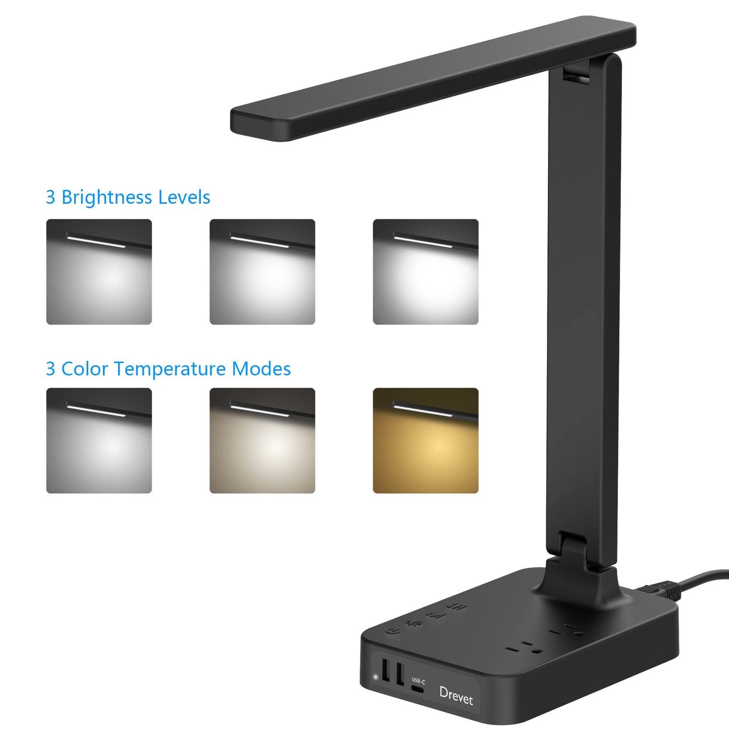Drevet LED Desk Lamp with USB-C Charging, 3 USB Ports, 2 AC Outlets, Touch Control, 3 Color Modes, Eye-Caring Design