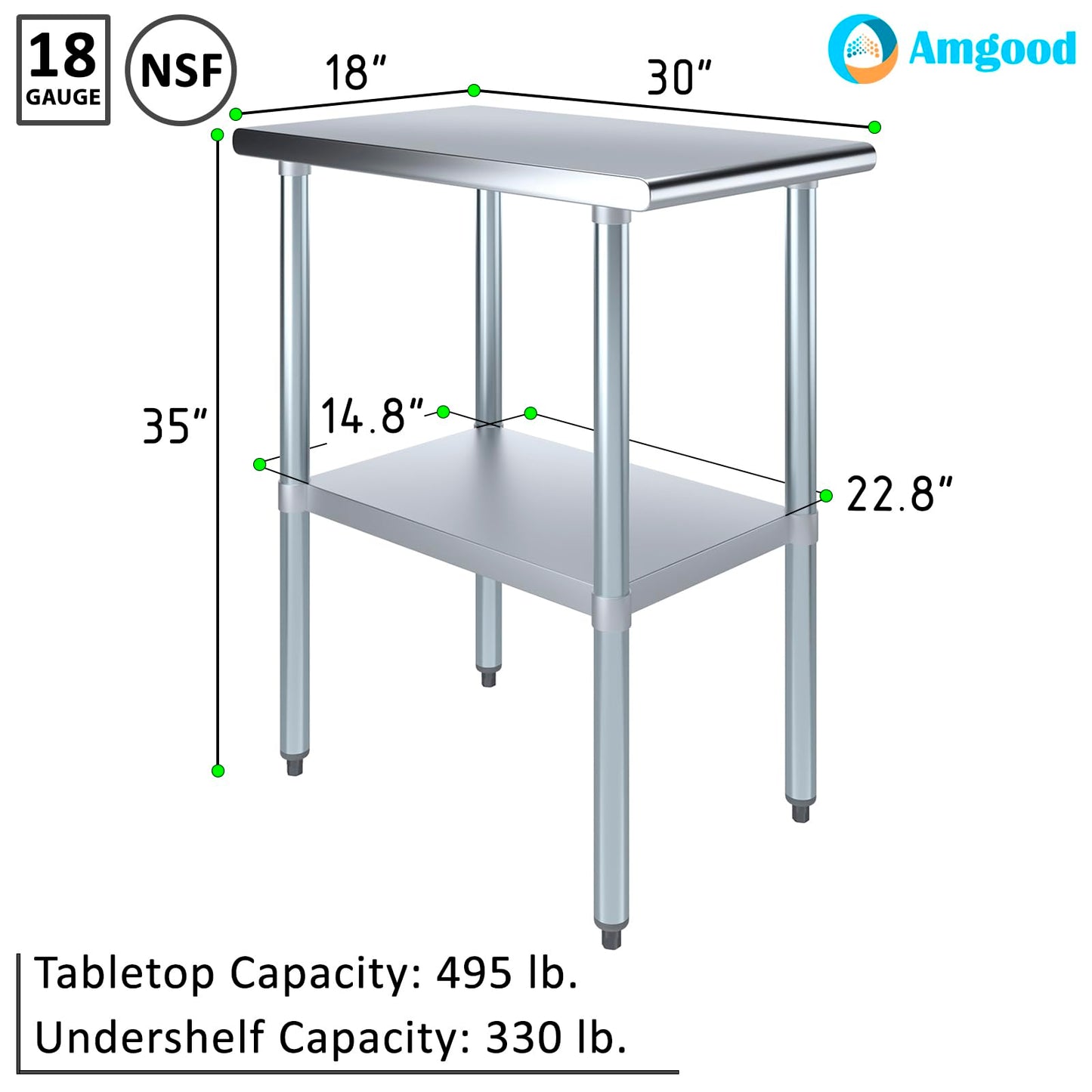 AmGood 30 in. x 18 in. Stainless Steel Work Table | Metal Kitchen Food Prep Table | NSF