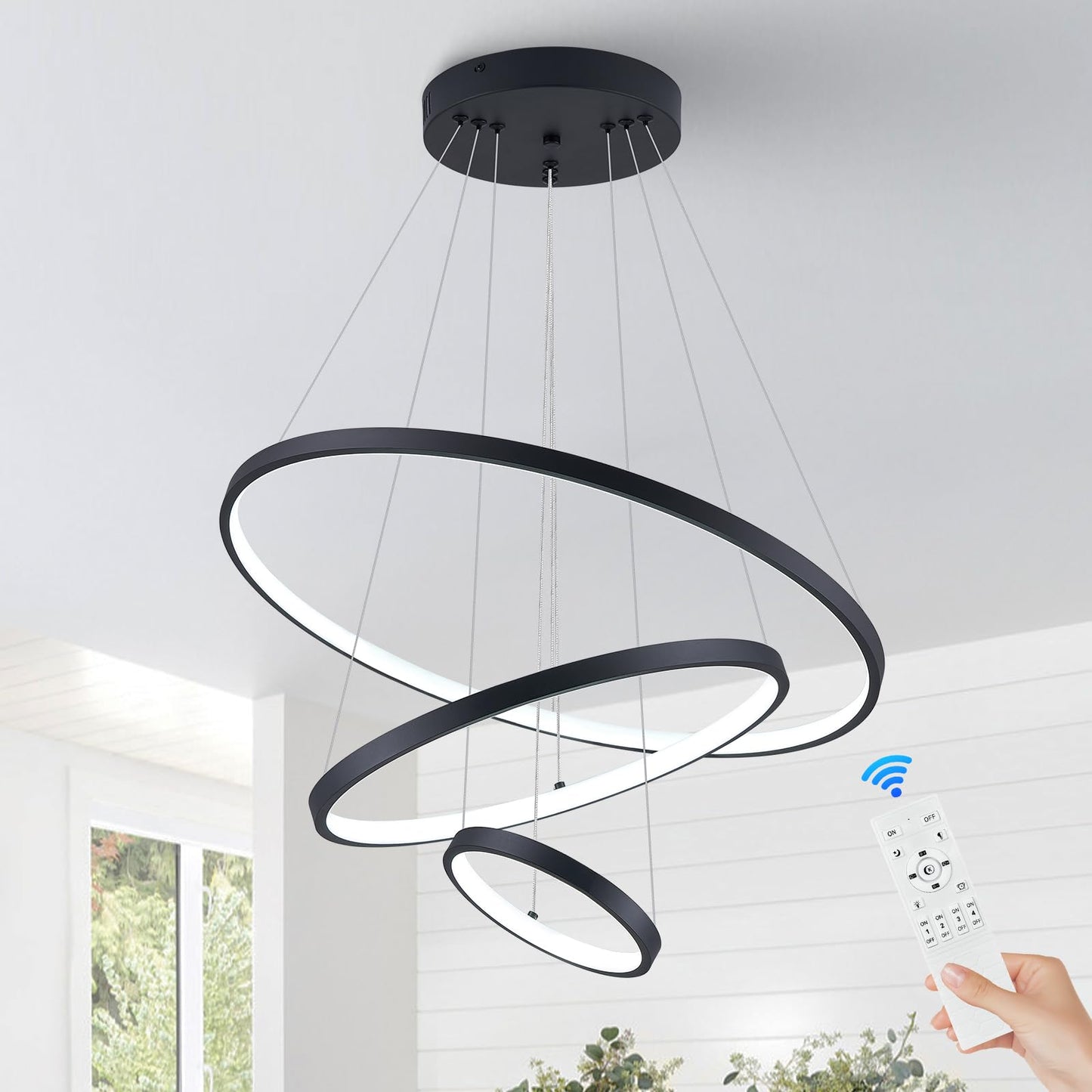 Sparklelf LED Chandelier, 3 Ring Dimmable Round Pendant Light, 23.6inch, Black, Model SE-P16-3BDC1