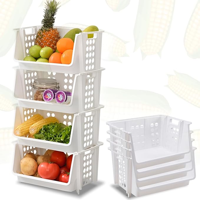 TidyFriend Small Stackable Storage Bins for Pantry - 4 Pack, Stackable Bins For Organizing Food, Kitchen, and Bathroom Essentials (White)
