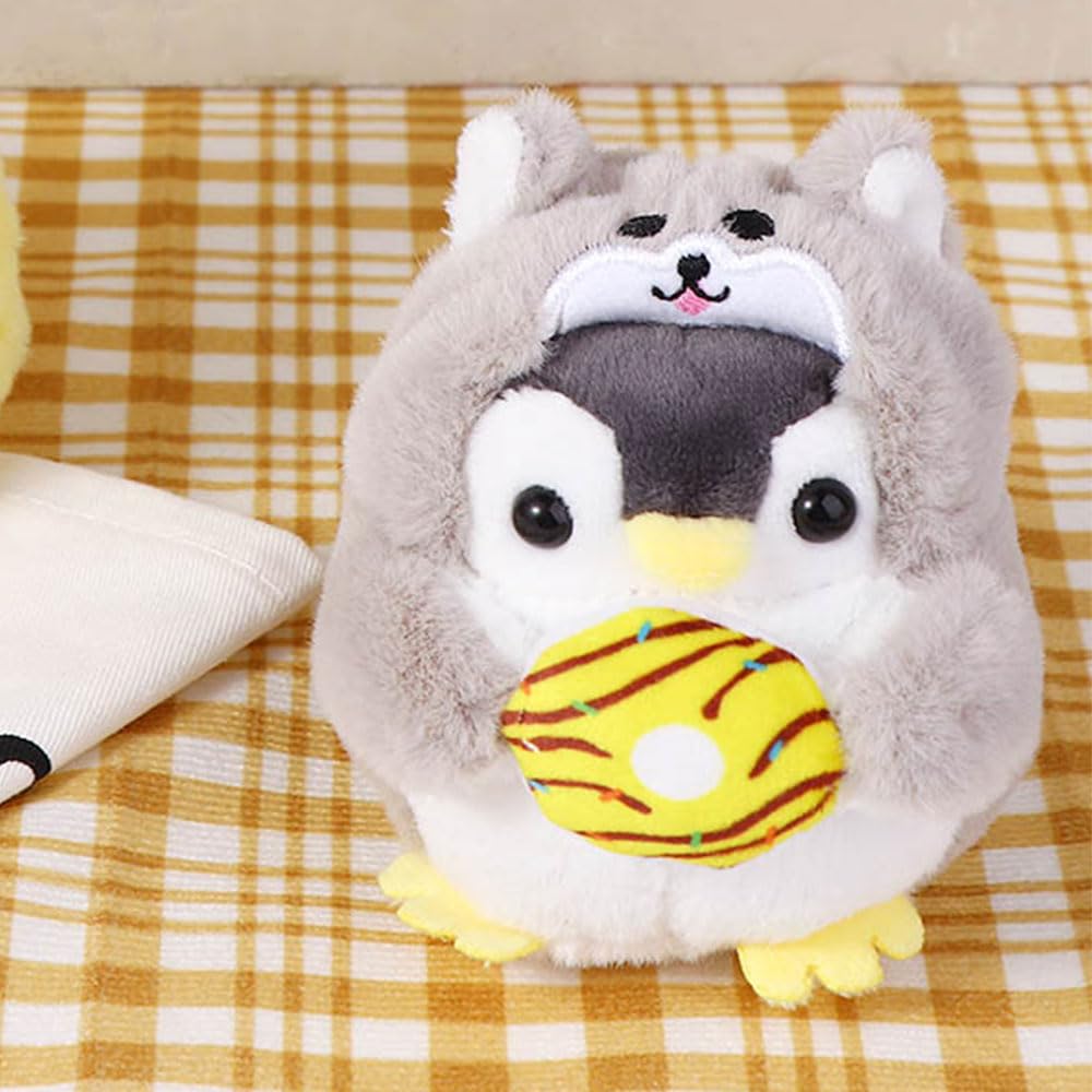 Pokinge 2 Pcs Penguin Keychain, Cute Plush Penguin Pendant Stuffed Animal Keyring Creative Penguin with Dog Frog Clothing Cartoon Donut Backpack Decor(Grey&Green)