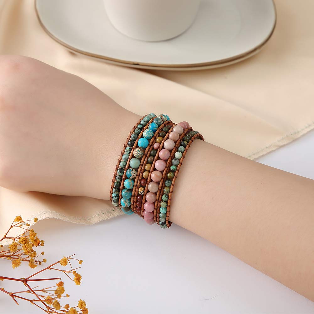 Women Boho 5 Wraps Bracelet Natural Rhodonite Picasso Jasper Turquoise Stone Strand Bracelet Jewlery
