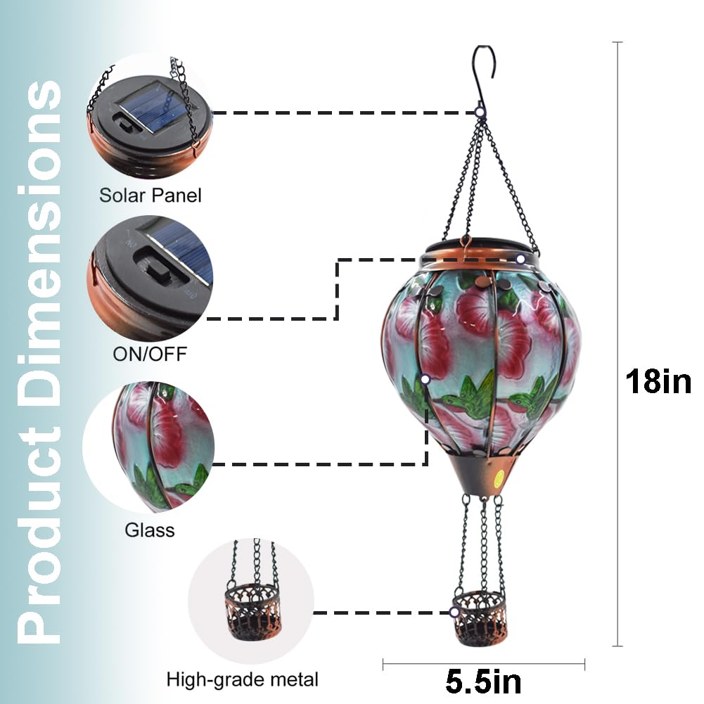 teyigarden Hot Air Balloon Solar Lantern, Glass, 18in H, Waterproof, Hummingbird-Red, Model SL-6069082023
