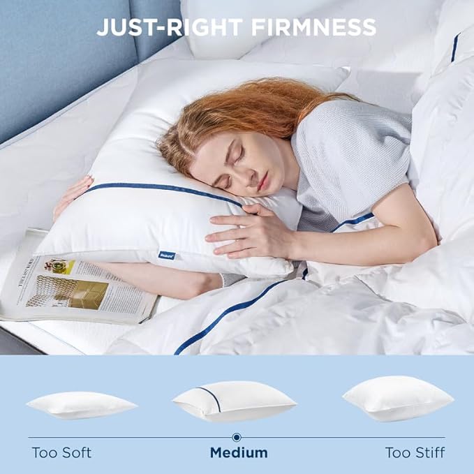 Bedsure Hotel Pillows - Luxury Bed Pillows for Sleeping with Decoration Strip Breathable Cover Soft & Supportive Pillows for Side, Back or Stomach Sleepers (4, Blue, Standard)