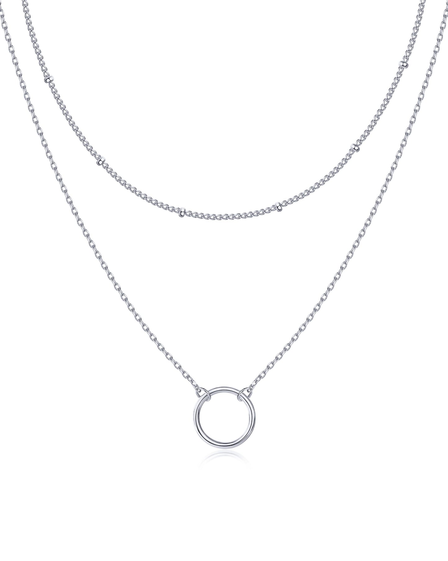 PAVOI Rhodium Plated Ring Pendant Layering Necklace Duo for Women | Dainty Circle Charm Beaded Choker Layered Necklace Set