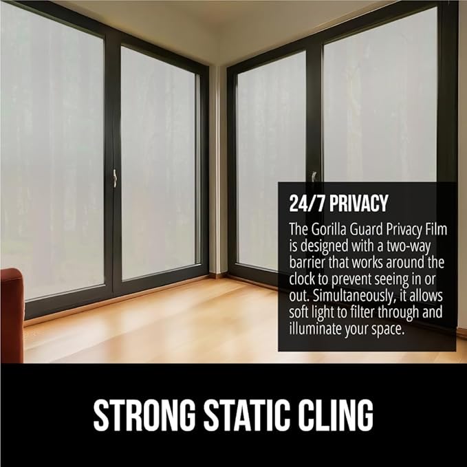 Gorilla Guard Window Privacy Film, Removable Two Way Sun Blocking, Reusable No Residue Stickers, Strong Static Clings to Glass Windows, Decorative Bathroom Door Coverings, 11.8 x 78.7 Inch, Frosted