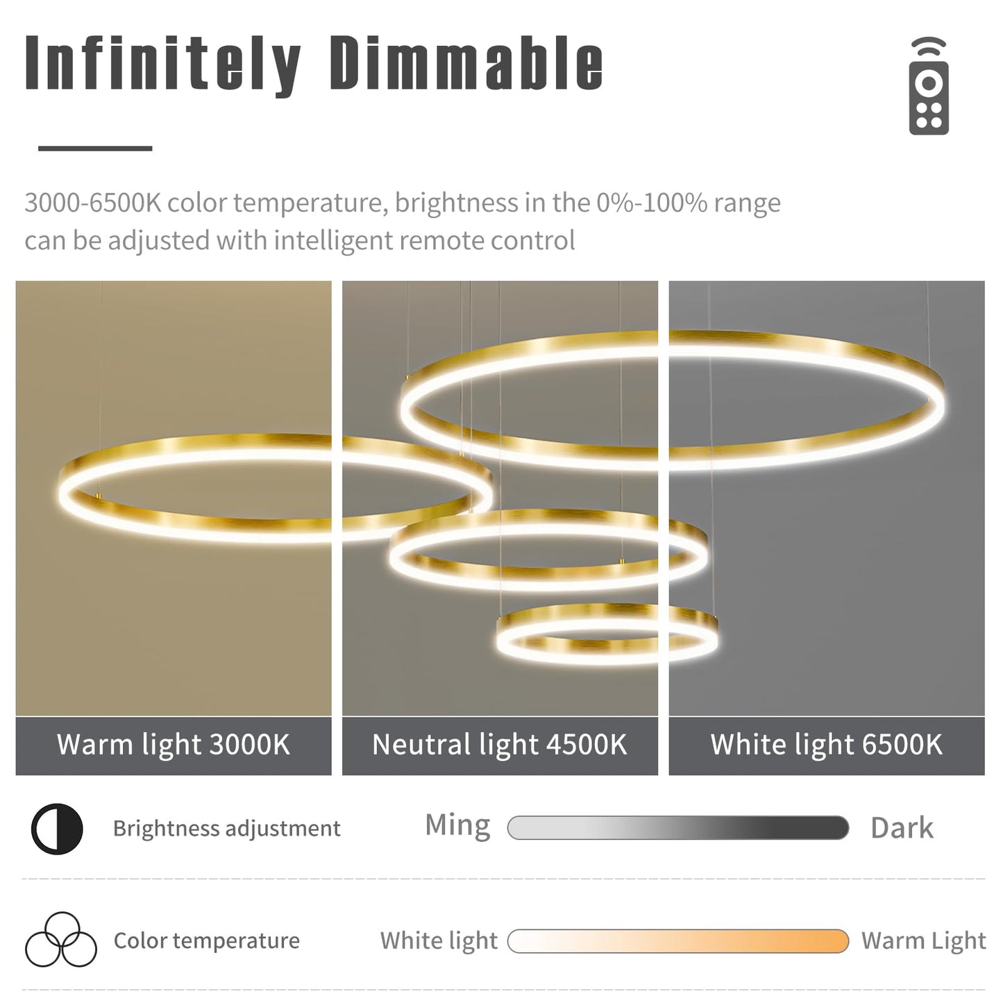 Matven Modern Ceiling Chandelier Light, Remote Control, Dimmable 3 Color Mode, 11.8+15.7+23.6+31.4in, Gold, Model KD